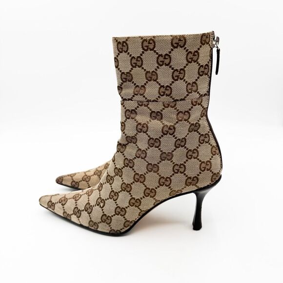 Gucci GG Canvas Ankle Boots Pointed Toe Heels Size 6.5 - Picture 4 of 12